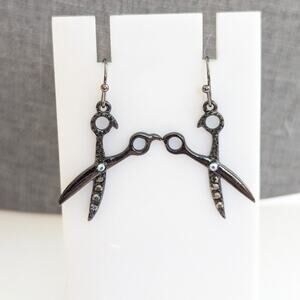 Hair Stylist Black Enamel Figural Novelty Scissors Rhinestone Dangle Earrings
